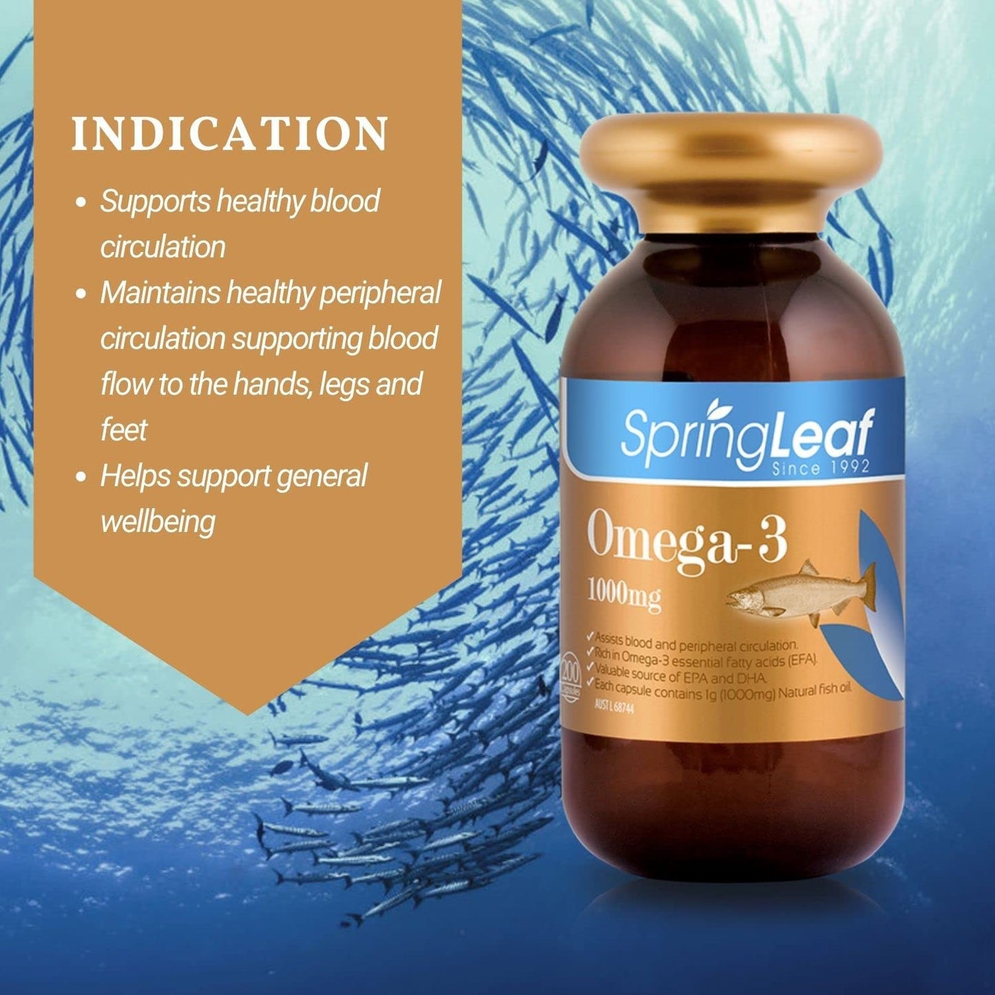 Spring Leaf Omega3 Fish Oil 1000Mg 200Caps - Rich in DHA & EPA - Support Cardiovascular Health & Anti-Inflammatory - Support Brain Health & Blood Circulation - Enhance Memory & Eye Function
