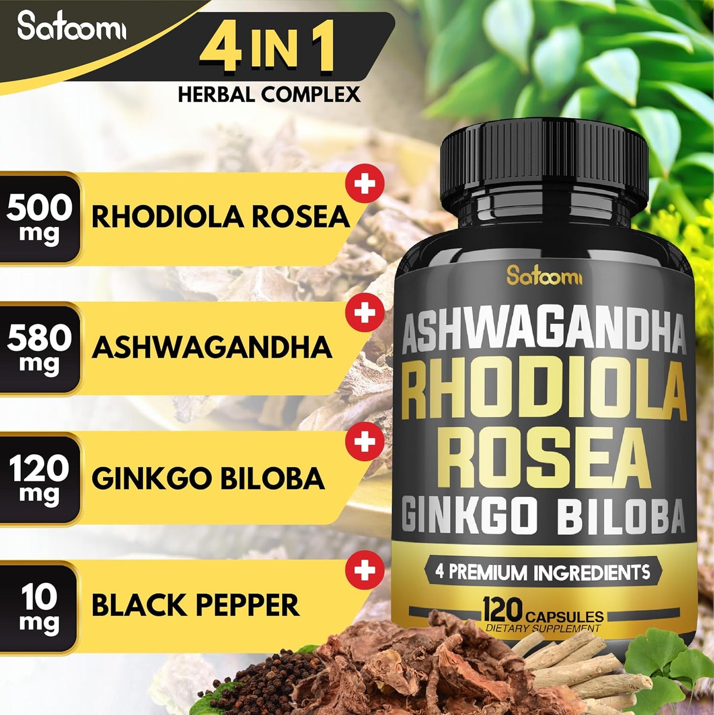 Ginkgo Biloba + Rhodiola Rosea + Ashwagandha Capsules - 120 Vegan Capsules for 2 Month