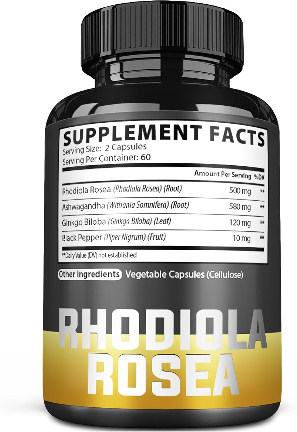 Ginkgo Biloba + Rhodiola Rosea + Ashwagandha Capsules - 120 Vegan Capsules for 2 Month