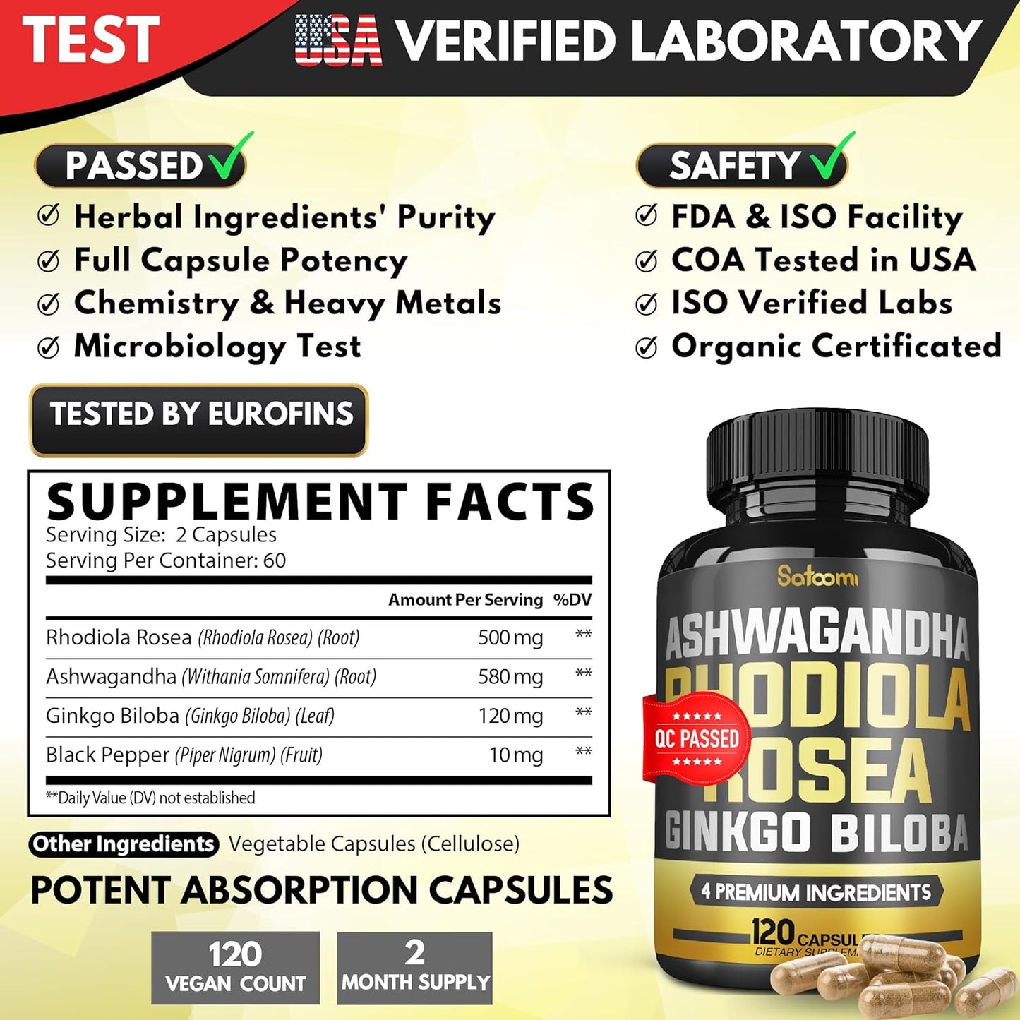 Ginkgo Biloba + Rhodiola Rosea + Ashwagandha Capsules - 120 Vegan Capsules for 2 Month
