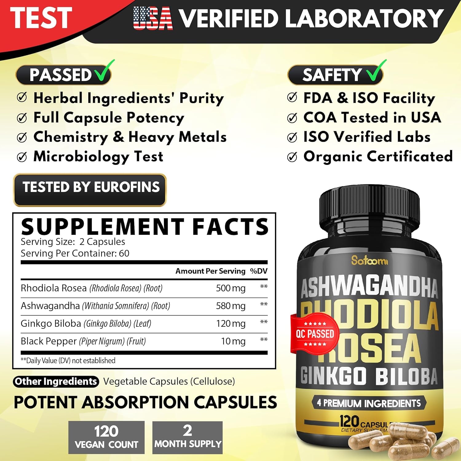 Ginkgo Biloba + Rhodiola Rosea + Ashwagandha Capsules - 120 Vegan Capsules for 2 Month