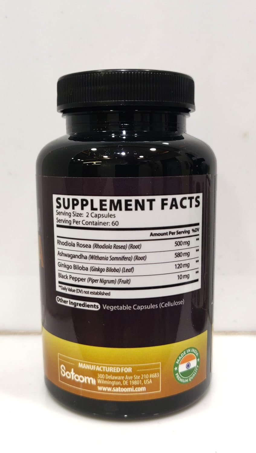 Ginkgo Biloba + Rhodiola Rosea + Ashwagandha Capsules - 120 Vegan Capsules for 2 Month