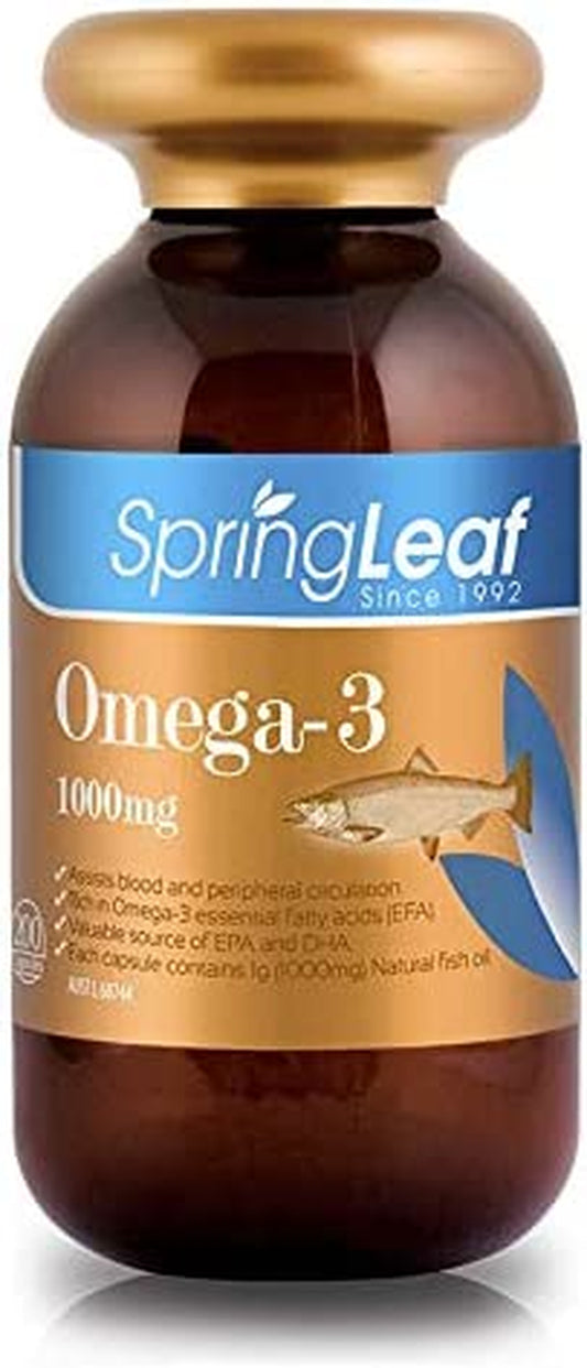 Spring Leaf Omega3 Fish Oil 1000Mg 200Caps - Rich in DHA & EPA - Support Cardiovascular Health & Anti-Inflammatory - Support Brain Health & Blood Circulation - Enhance Memory & Eye Function