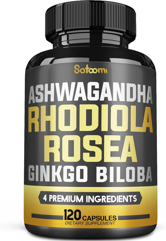 Ginkgo Biloba + Rhodiola Rosea + Ashwagandha Capsules - 120 Vegan Capsules for 2 Month